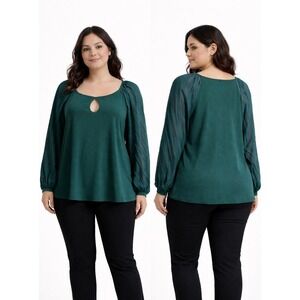 A Love Story Green Keyhole Neck Blouse Sheer Pleated Bishop Sleeve XL